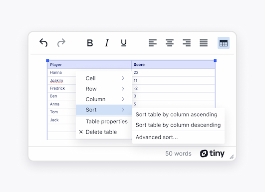 Automatically sort tables in the editor